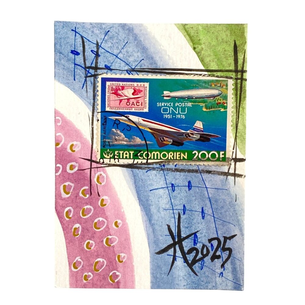 ACEO Original Art Watercolor Collage c1976 Comoros Postage Stamp ATC